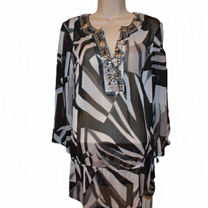Ava Dee Sheer Beaded Neckline Tunic Black White‎ M